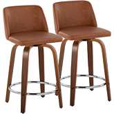Toriano 24" Swivel Counter Stool in Walnut Wood & Camel Leatherette with Chrome Footrest (Set of 2)